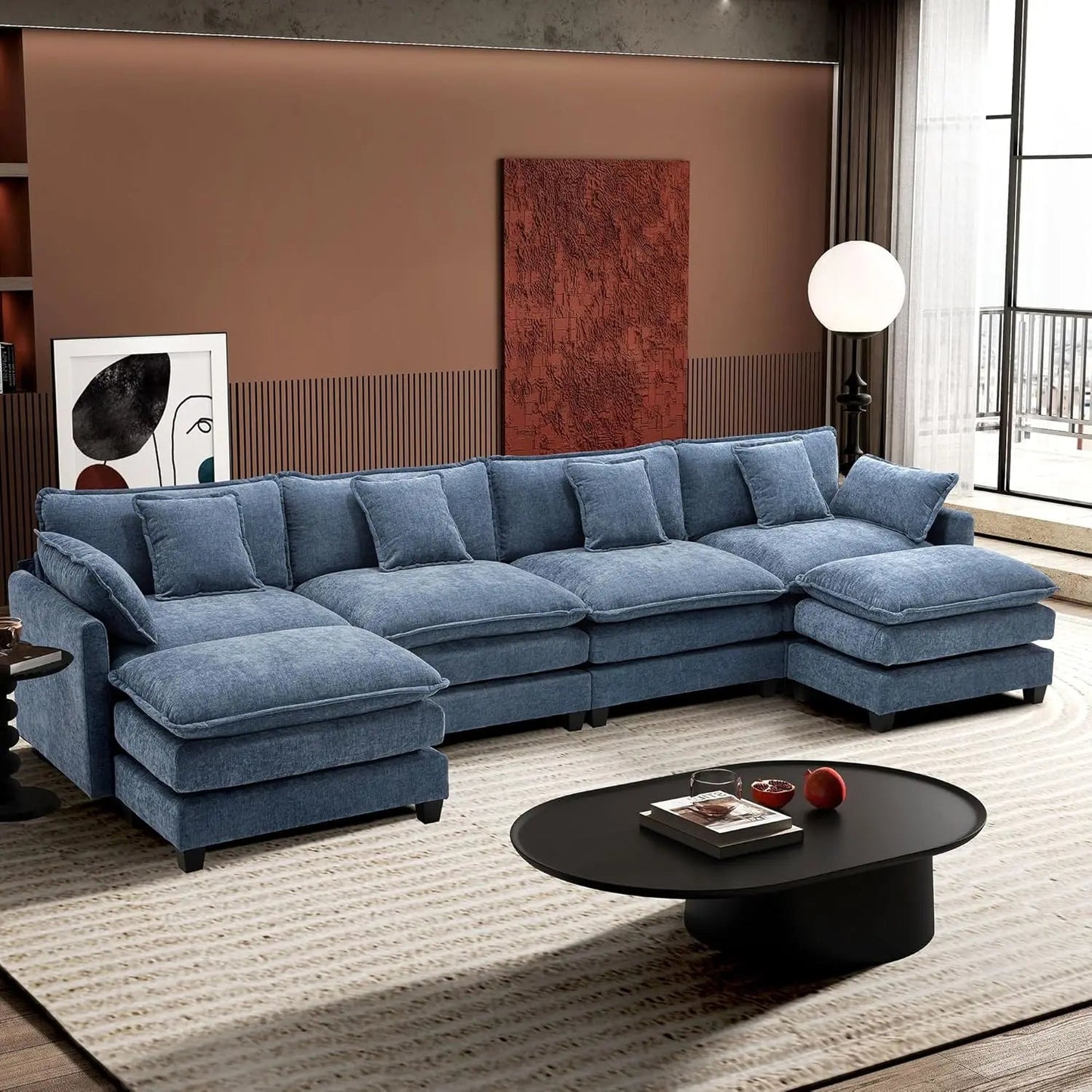 U-Shaped Modern Sofa Modular Sectional Cloud Couch with 2 Ottoman with 6 Pillows Ohberri