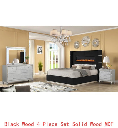 Modern Upholstery King 4-Piece Bedroom Set with Bed, Nightstand, Dresser, Mirror, and Fireplace in Blue Wood - Ohberri