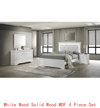 4 Piece Twin Bedroom Set with Upholstered LED Headboard, Wood Frame in White - Ohberri