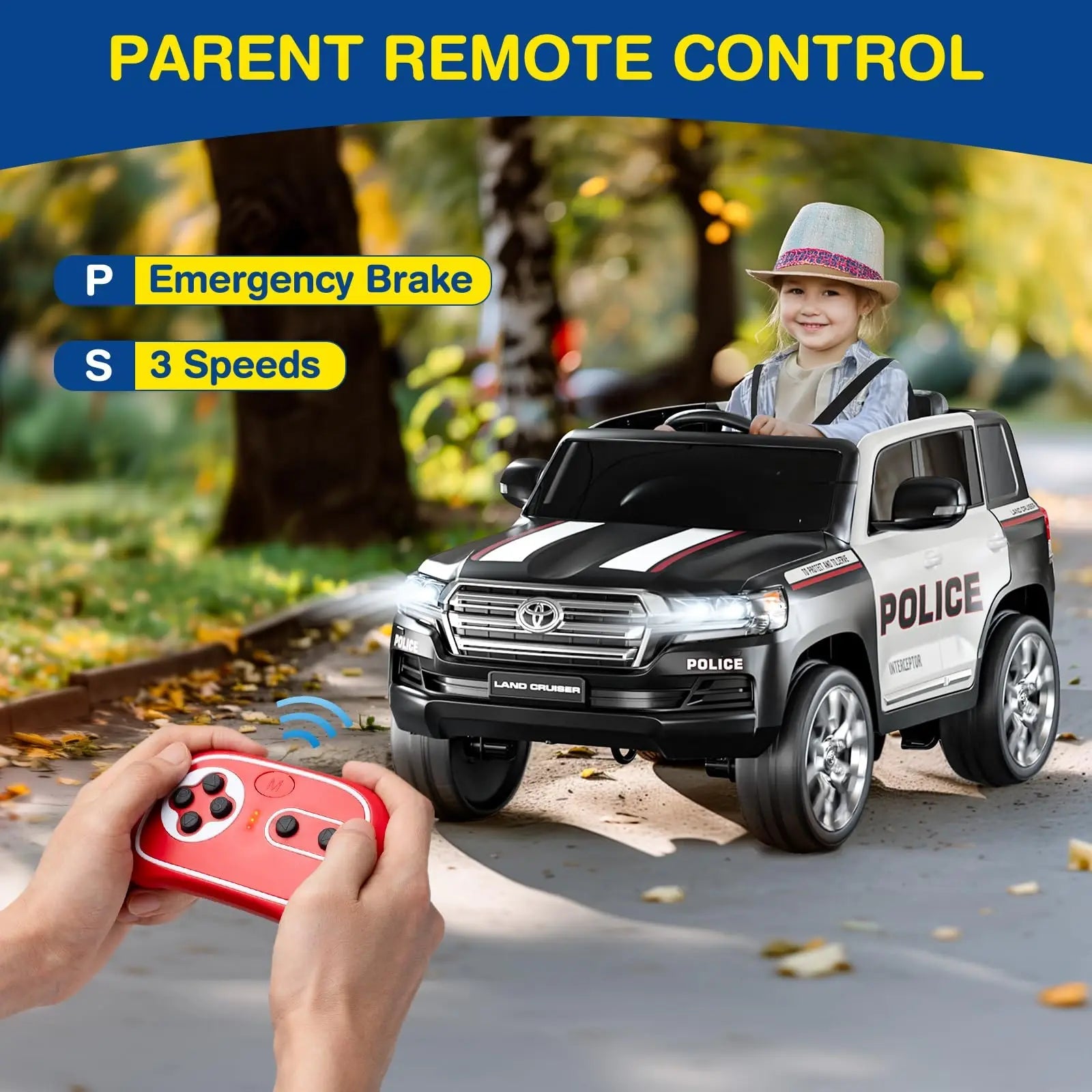 Toyota 12V Police Car 2-Seater Ride On w/Remote, 4WD, Siren, LED, Bluetooth Ohberri