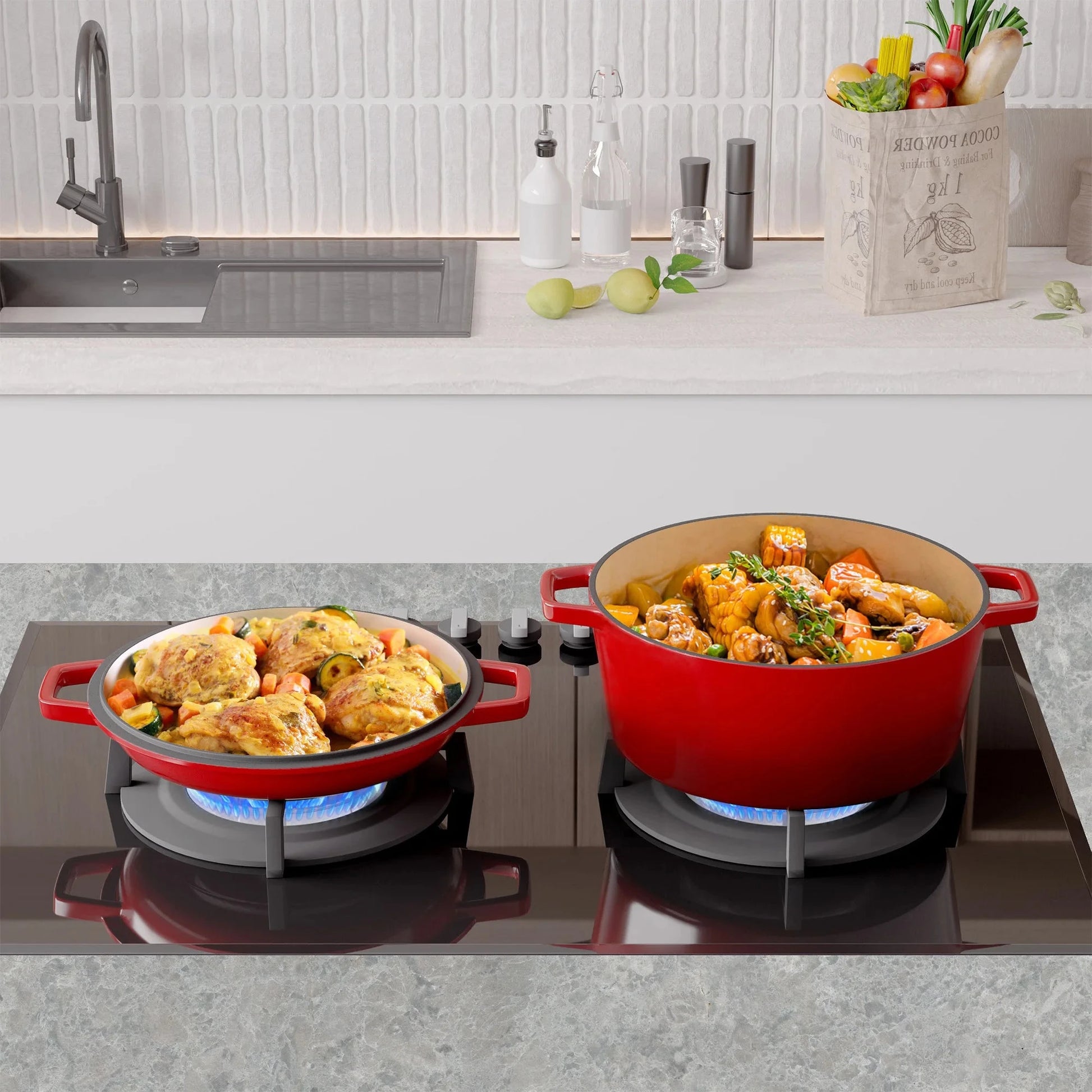 2-in-1 Enameled Cast Iron Dutch Oven Large Double Handle - Oven Safe up to 500°F Ohberri