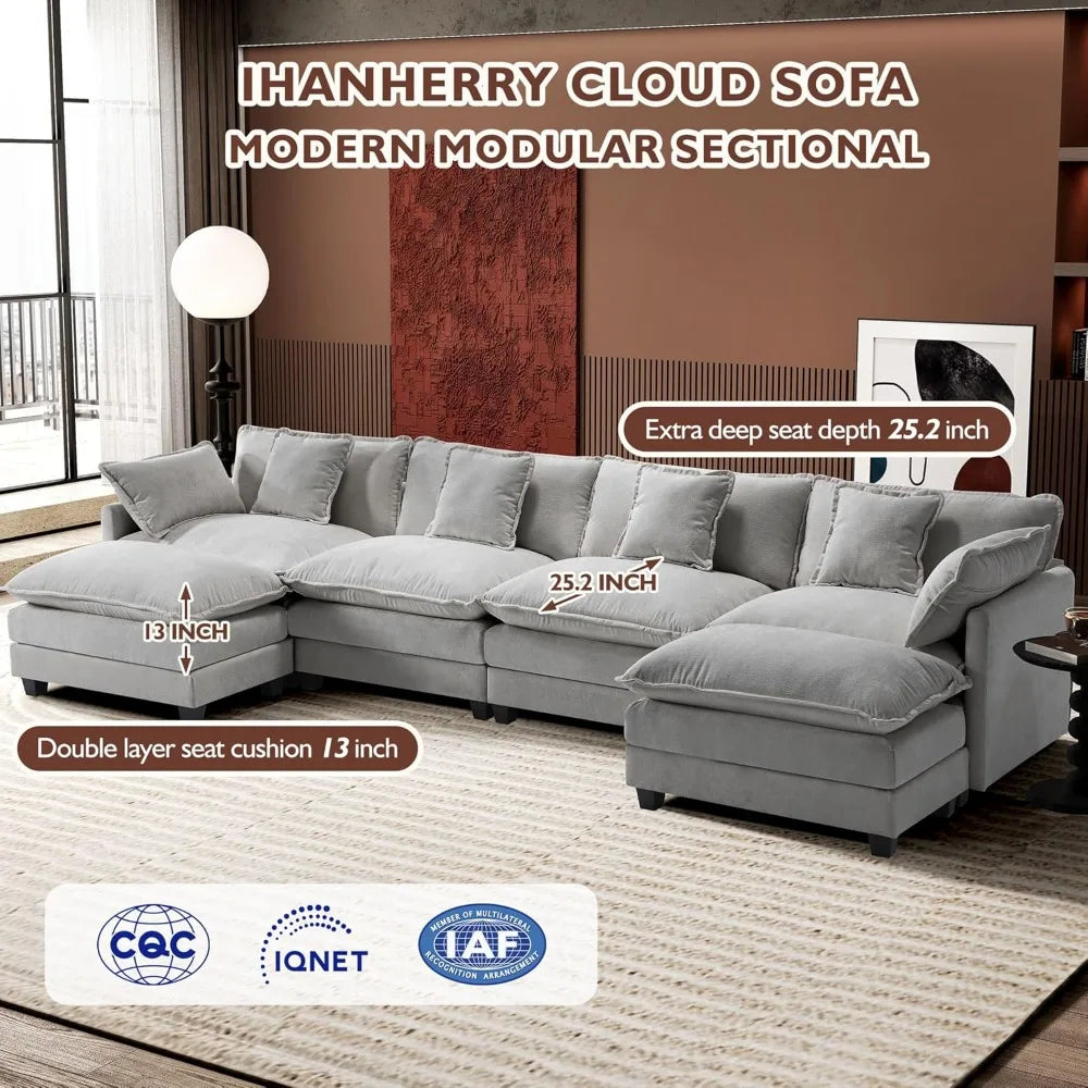 U-Shaped Modern Sofa Modular Sectional Cloud Couch with 2 Ottoman with 6 Pillows Ohberri