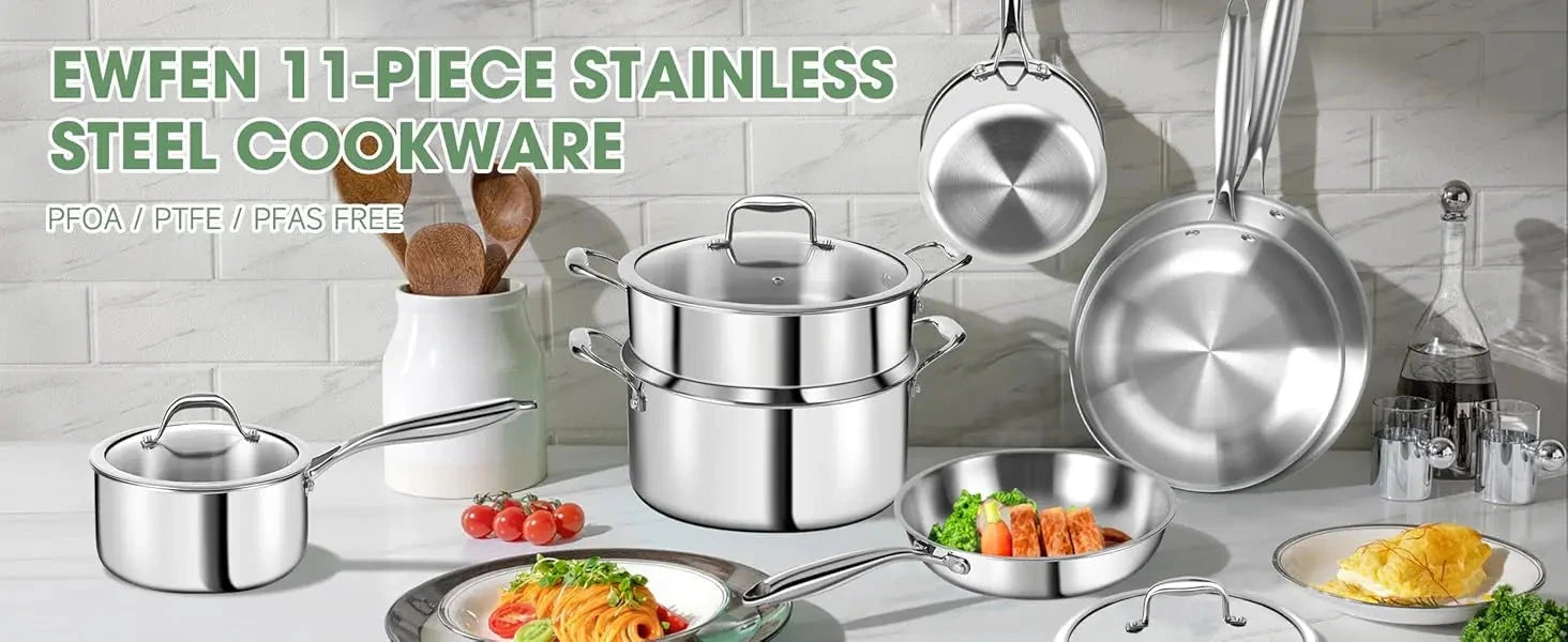 Stainless Steel 11-Piece Cookware Set with Lids Non-Toxic, Induction Ohberri