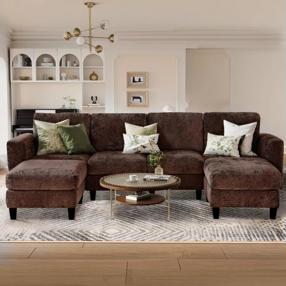 Sectional Sofa Fabric Couch 4 Seaters with 2 Ottomans - Ohberri