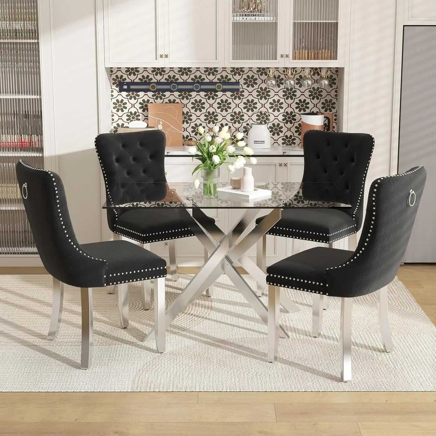 51 Inch Glass Dining Table with 4 Upholstered Velvet Accent Chairs, 5 Piece Modern Ohberri