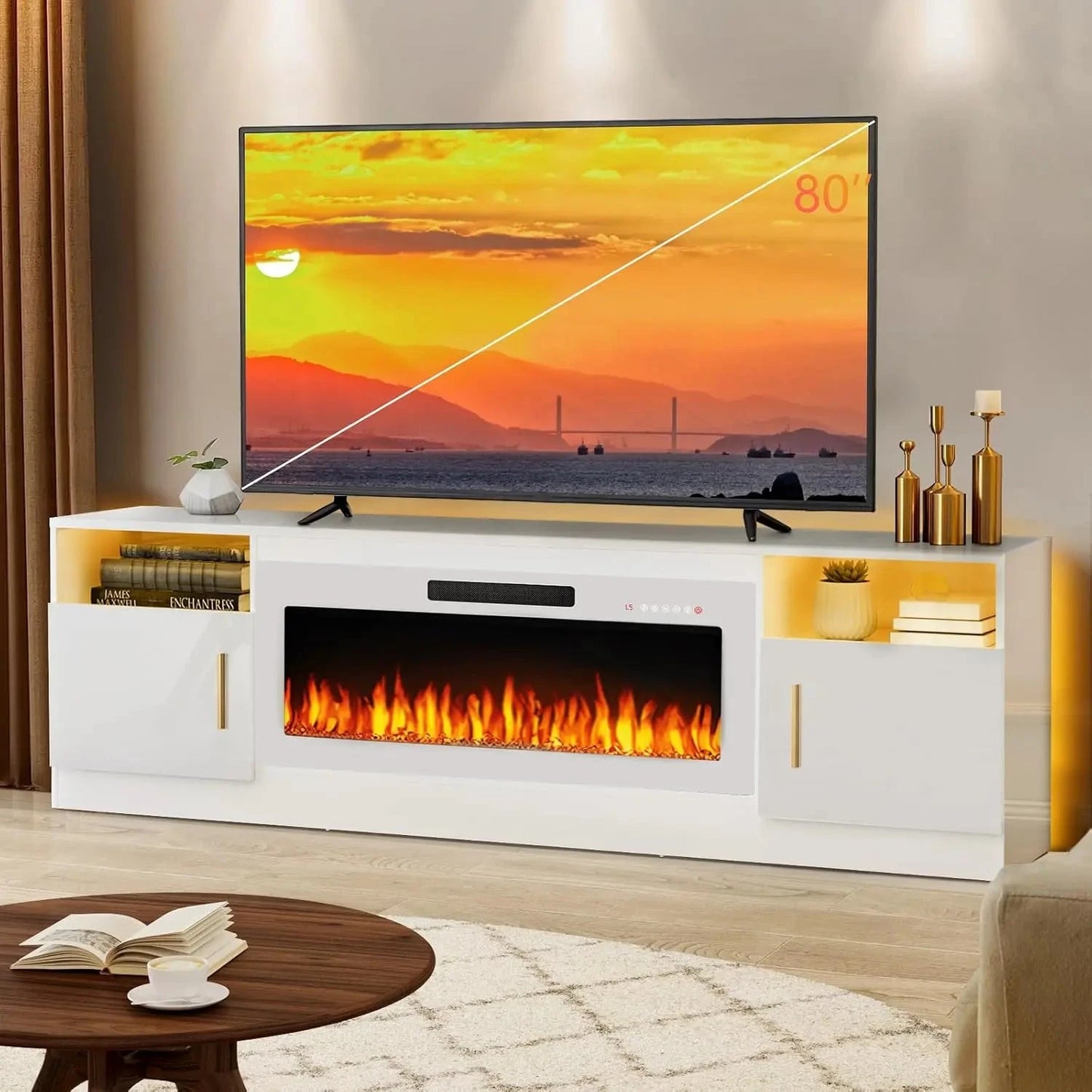 Fireplace tv Stand with 36 inch Fireplace Up to 80" TVs,LED Light 70" Modern Wood Ohberri