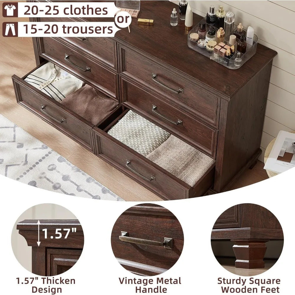 Farmhouse Dresser and Nightstand Sets of 4, 6/5 Drawer Dresser & 2 Drawer Nightstand Set of 2, Rustic Walnut - Ohberri