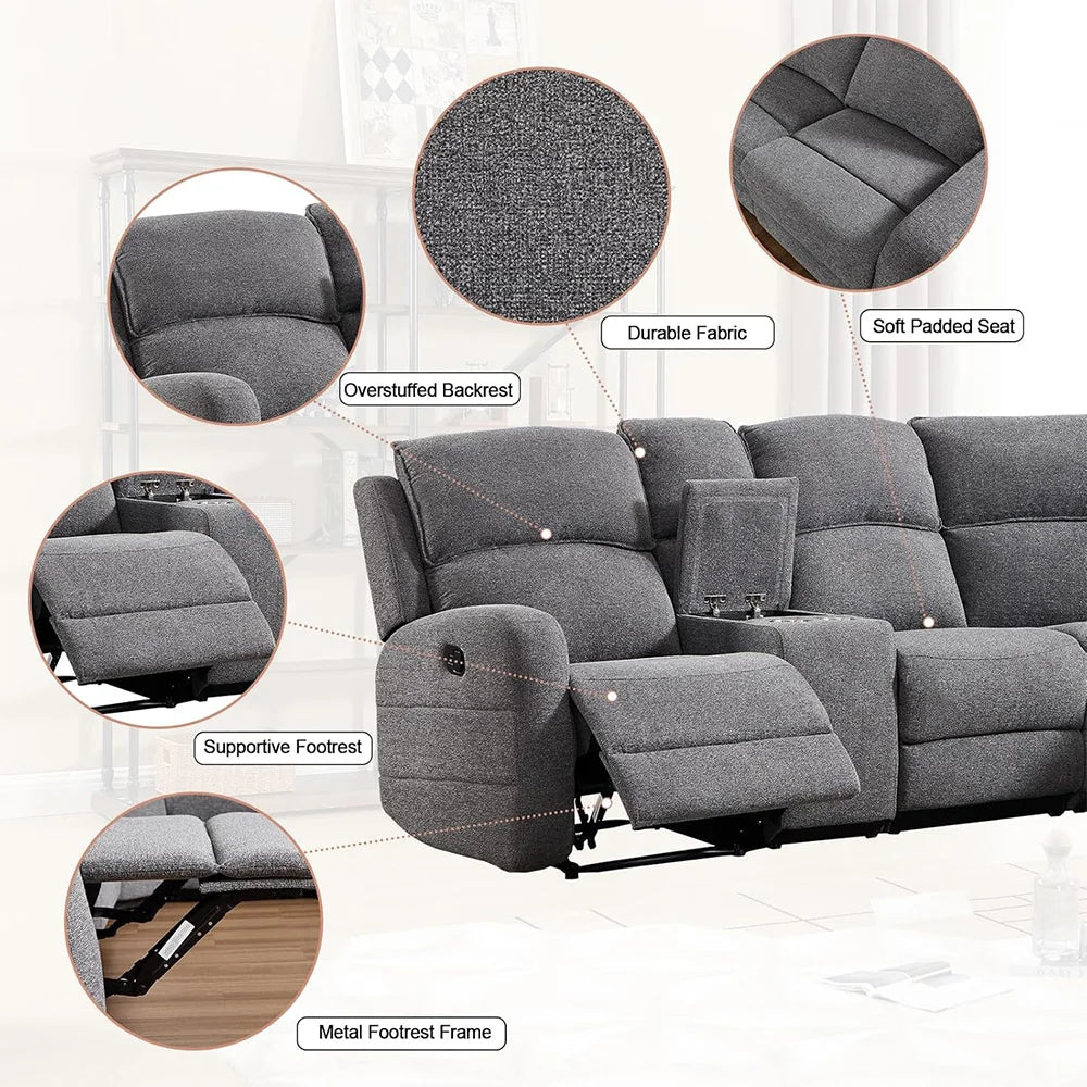 Fabric L-Shaped Reclining Large Corner Sectional with Padded Headrest, 2 Cup Holders - Ohberri