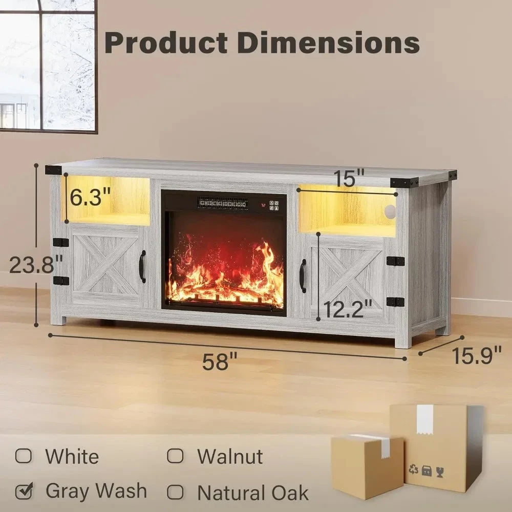 65 Inch LED Fireplace TV Stand with Mood Lighting, Cabinet with Open Shelf & Hidden Cable Routing Ohberri