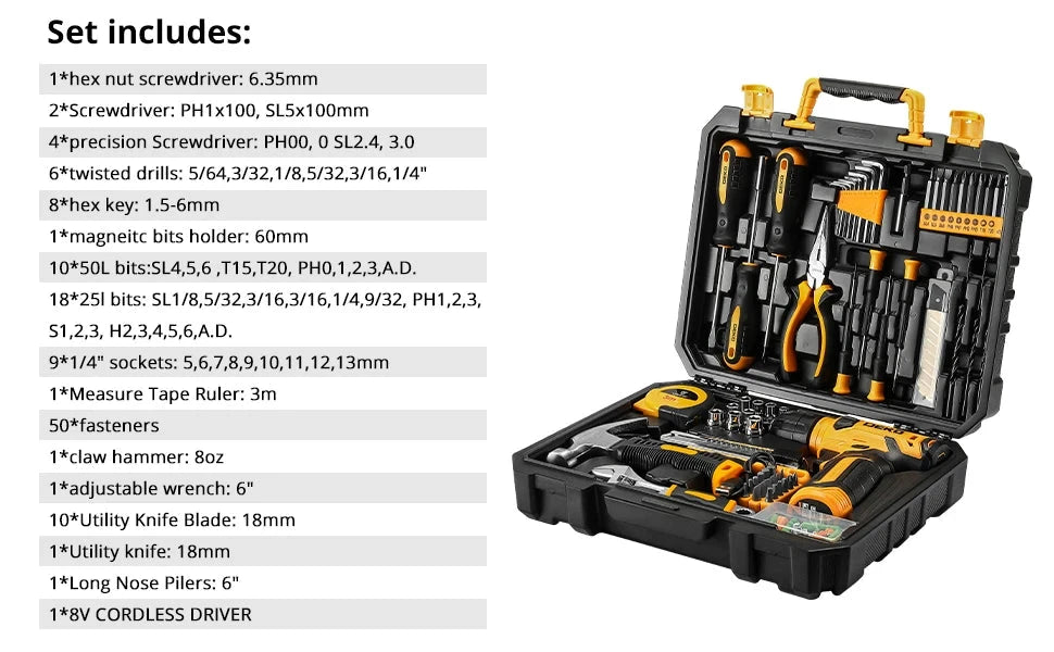 DEKO 126Pcs Power Tool Combo Kits with 8V Cordless Drill,10MM 3/8'' Ohberri