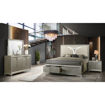Modern Style Queen 4PC Bedroom Set Made with Wood & LED Headboard ，For bedroom,Main Color:Silver - Ohberri
