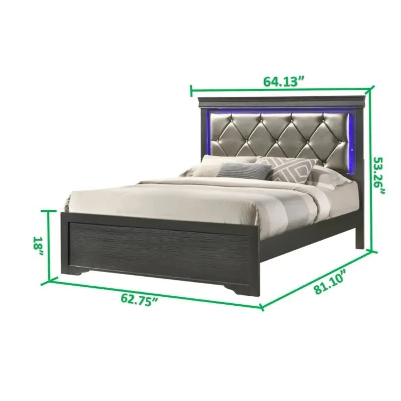 5-Piece Tufted Upholstery LED Bedroom Set: Queen Bed, Nightstand, Dresser, Mirror, and Chest - Made with Wood - Ohberri