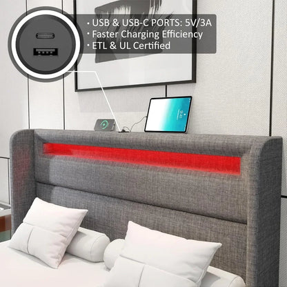 King Bed Frame with RGBW LED Lights Headboard & 4 Storage Drawers - Ohberri