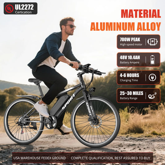 26''Electric Bike,Motorcycle 700W Peak Motor,20MPH 35Miles 480Wh 7-Speed& LCD Display - Ohberri