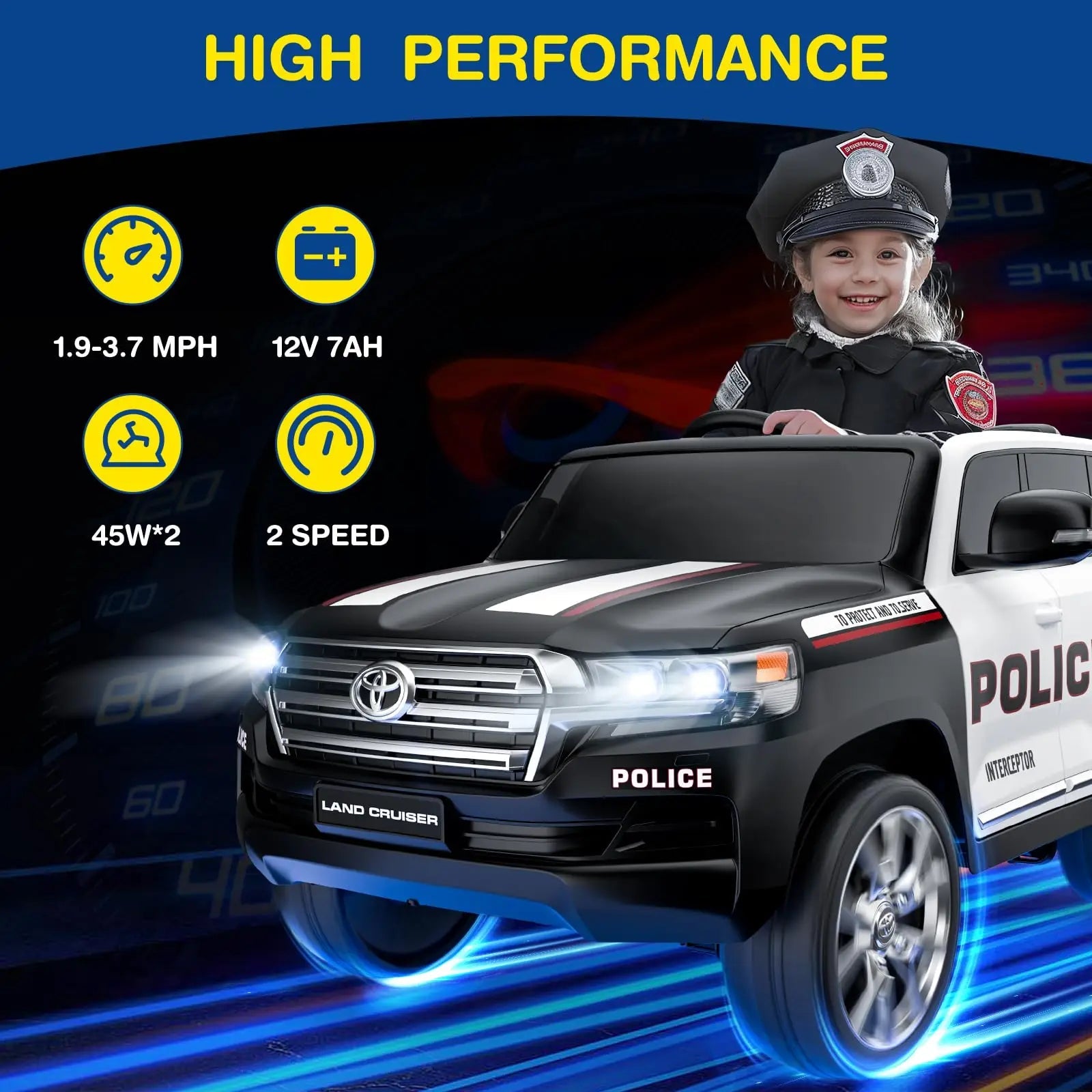 Toyota 12V Police Car 2-Seater Ride On w/Remote, 4WD, Siren, LED, Bluetooth Ohberri