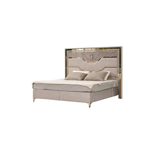 Modern 5 Piece King Size Upholstered Bedroom Set with Wood and Gold Accents in Beige - Ohberri