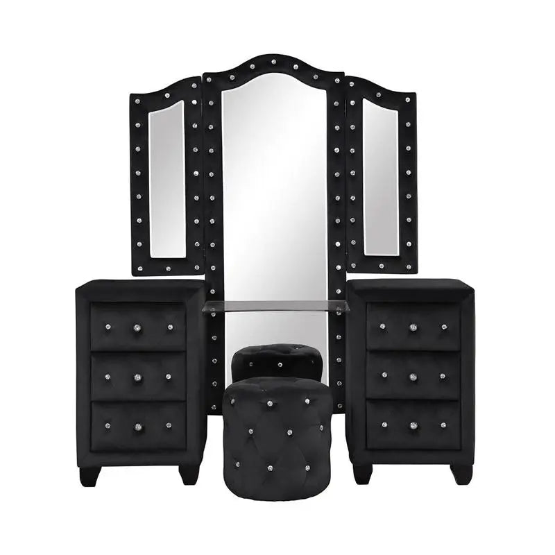 Modern Style Tufted Upholstered King 5PC Vanity Bedroom Set Wood in Black - Ohberri