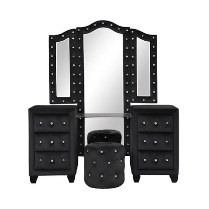 Modern Style Tufted Upholstered King 5PC Vanity Bedroom Set Wood in Black - Ohberri