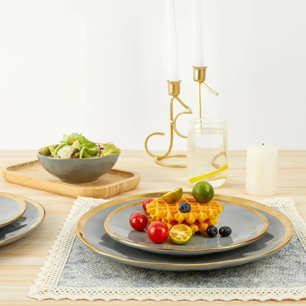 Porcelain Luxury Dinnerware Sets, Modern Plates and Bowls Sets for 4, Highly Chip and Crack Resistant, Grey and Gold Rim Ohberri