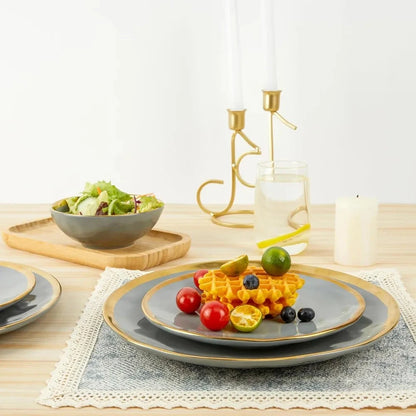 Porcelain Luxury Dinnerware Sets, Modern Plates and Bowls Sets for 4, Highly Chip and Crack Resistant, Grey and Gold Rim Ohberri