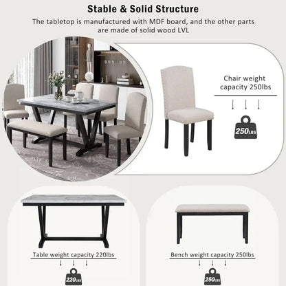 6 Pieces Dining Table Set with Bench, Rectangle Dining Table with 4 Upholstered Chairs & a Bench, Wood Ohberri