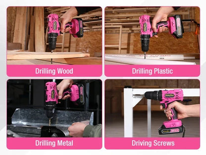 20V 3/8" Pink Cordless Drill Set  18+1 Torque Settings, Power Drill Set with LED Light and Magnetic Holder Ohberri