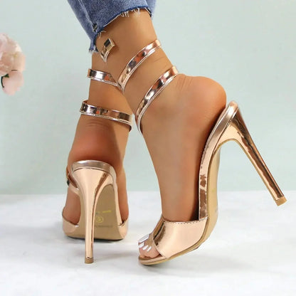 Strappy Gold Stilettos - Lace-Up Ankle Wrap Heels Ohberri