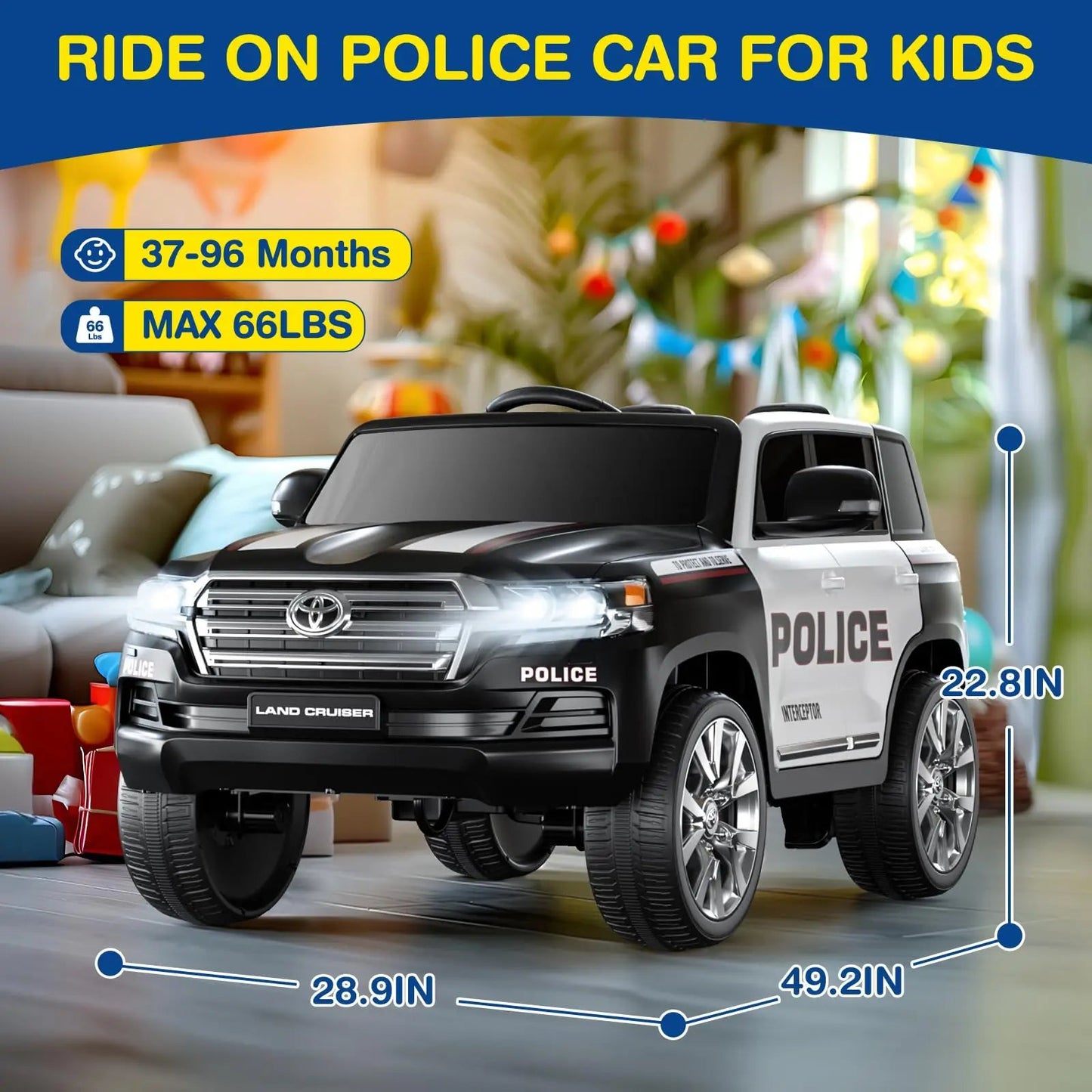 Toyota 12V Police Car 2-Seater Ride On w/Remote, 4WD, Siren, LED, Bluetooth Ohberri