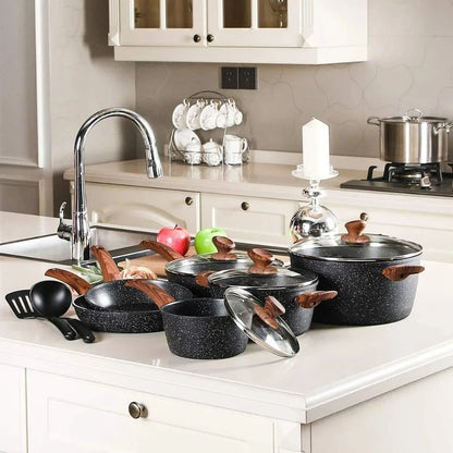 12 Pieces Kitchen Pots & Pans Set Nonstick Cookware Set Granite Coated w/ Lid Ohberri