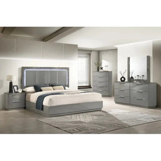 5-Piece Queen Bedroom Set: Two-Tone High-Gloss Marble & Lacquer Finish with LED Lighting, Metal Legs, Spacious Storage - Gray - Ohberri
