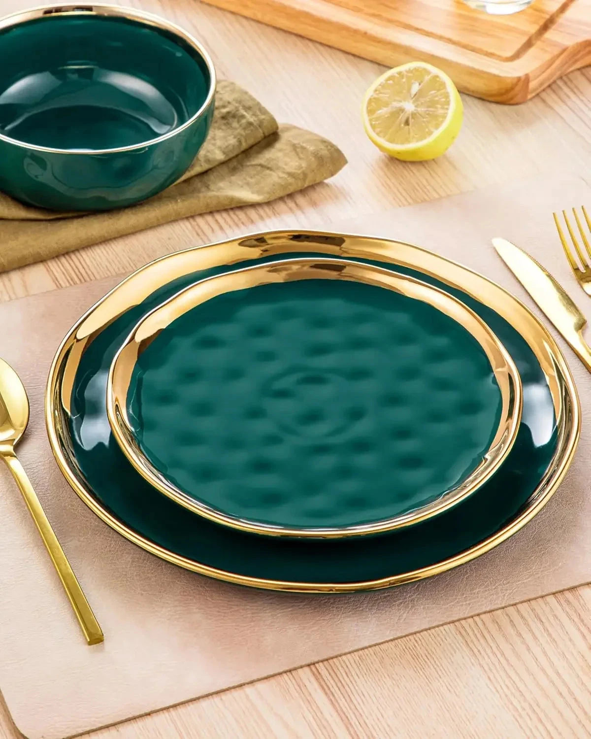 12 Pieces Plates and Bowls Sets, Porcelain Green and Gold Dinnerware Sets Ohberri