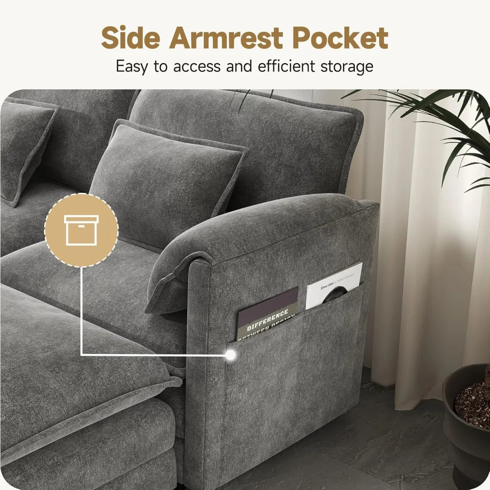 Modular Sectional Sofa Convertible Couch with Movable Ottoman,6 Pillows and 2 Armrest Pillows Ohberri