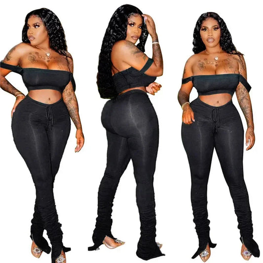 2 Piece Set Skinny Elastic Strapless Tops and Fold Slit Thin Pants Ohberri