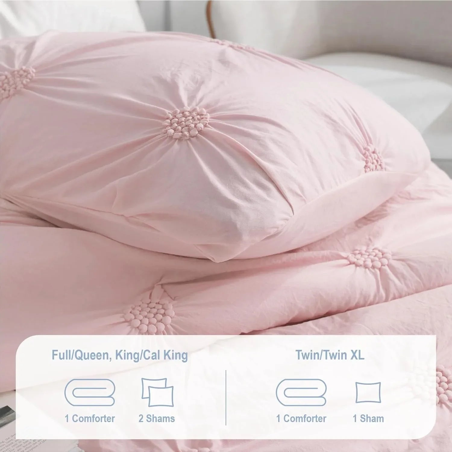 Full/Queen Baby Pink Rose Blush Comforter Set - Ruched 3D Floral Pintuck Bedding Set - 3 Pieces Bed Linen, 1 Comforter - Ohberri
