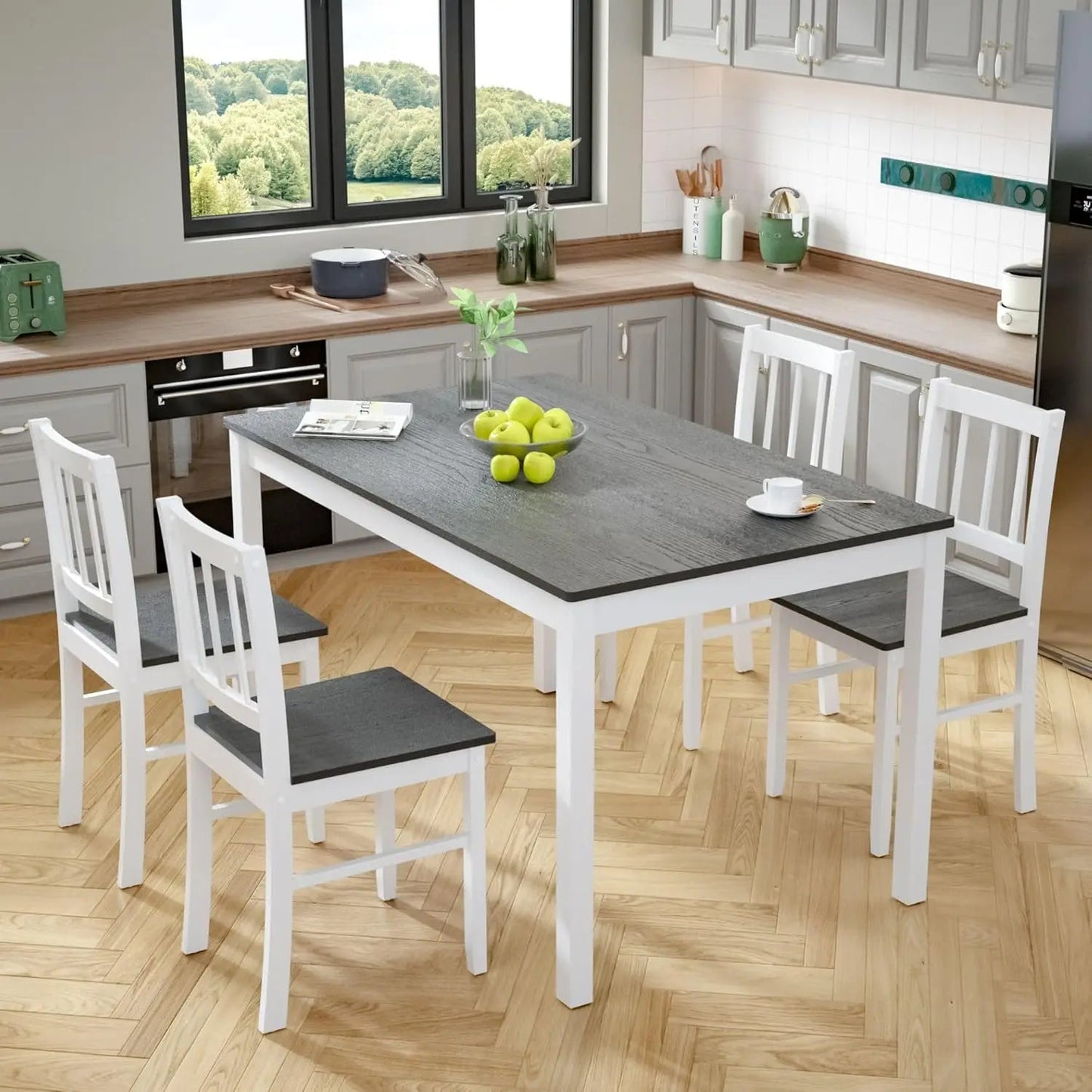 Dining Table With 4 Chairs with Rubber Wood Legs, Farmhouse 5-Piece Set Ohberri