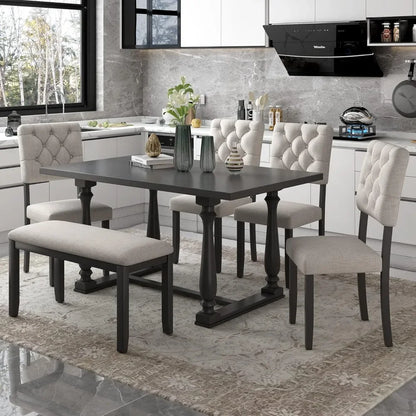 6 Pieces Dining Table Chair Set with Bench, Rectangle 4 Upholstered Chairs & a Wood Kitchen for Persons, Modern Style Room - Ohberri