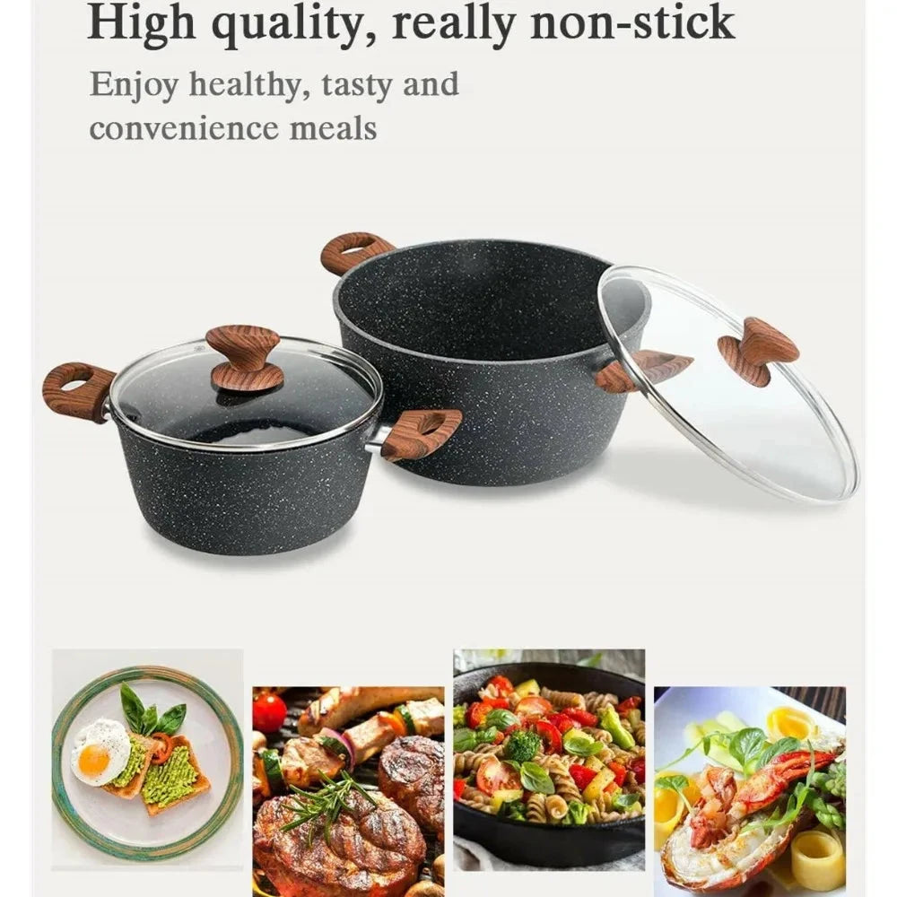12 Pieces Kitchen Pots & Pans Set Nonstick Cookware Set Granite Coated w/ Lid Ohberri
