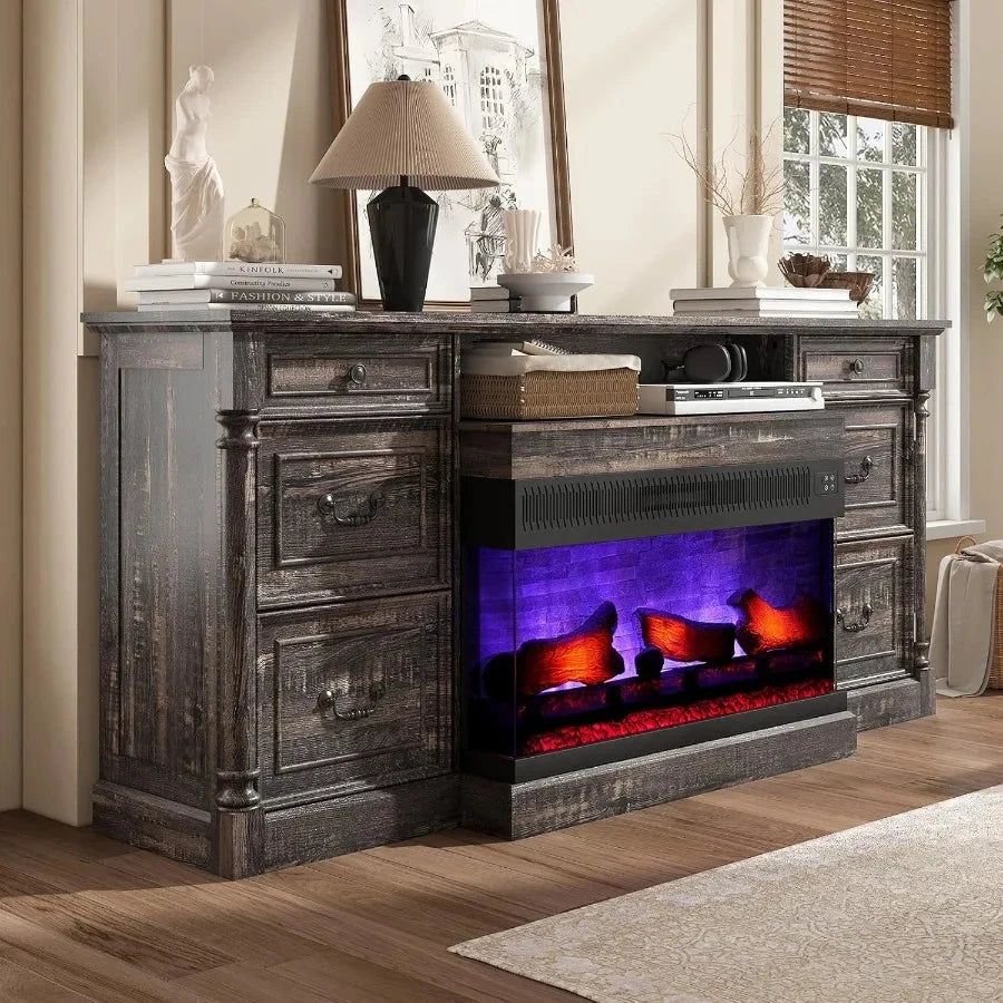 75 Fireplace TV Stand Large TV Stand with 36 Fireplace Farmhouse with Solid Wood 2 Drawers Cabin Ohberri