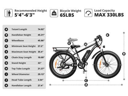 Peak 1500W 48V 15AH 26" Fat Tire Mountain Bike 31mph  Electric Dirt Bike - Ohberri