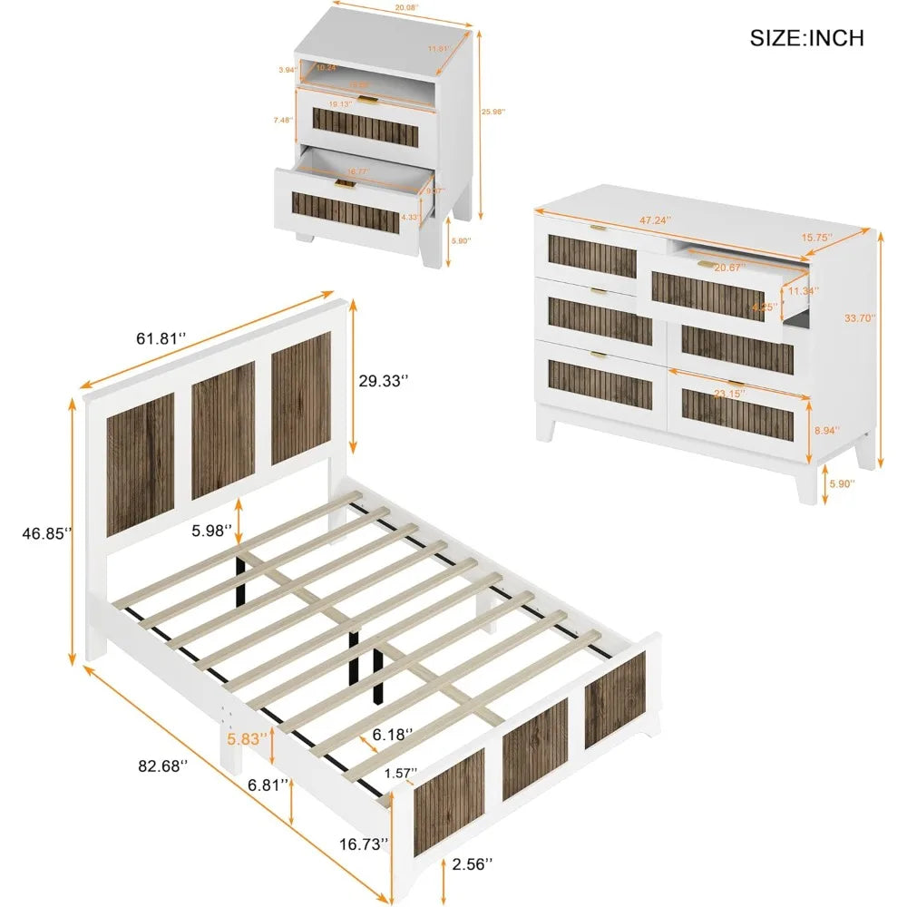 4 Pieces Bedroom Sets Queen Size Farmhouse Platform Bed with Wooden Strip Decoration, 2 Storage Nightstands and A 6-Drawer - Ohberri