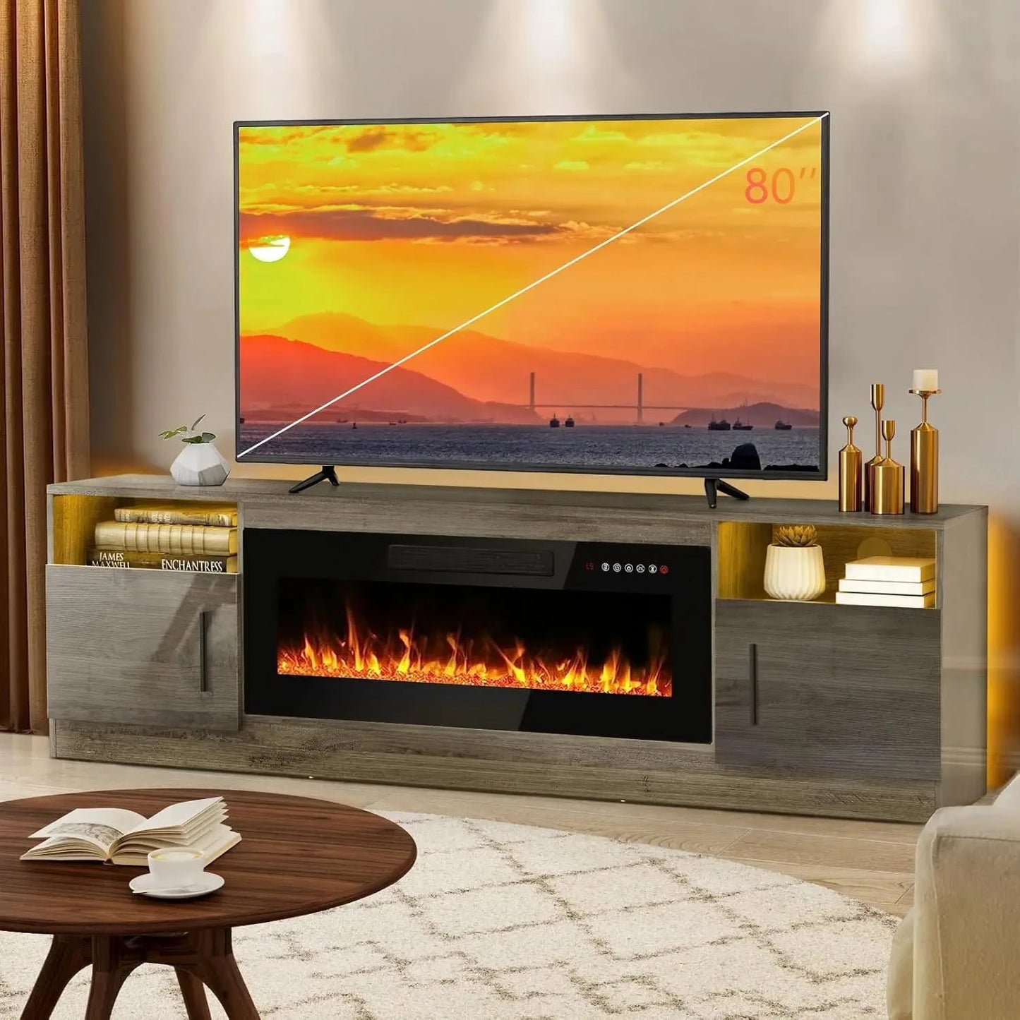 Fireplace tv Stand with 36 inch Fireplace Up to 80" TVs,LED Light 70" Modern Wood Ohberri