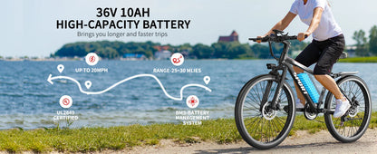 26''Electric Bike,Motorcycle 700W Peak Motor,20MPH 35Miles 480Wh 7-Speed& LCD Display - Ohberri