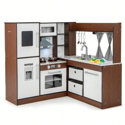 Corner Play Pretend Wooden Kitchen Set W/Water Circulation System & Lights - Ohberri