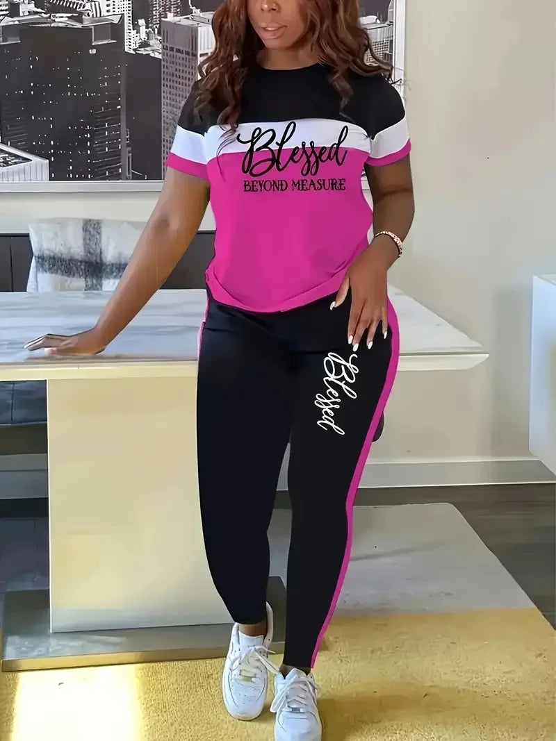 Plus Size Striped Letter Print Short-Sleeved Trousers Two-Piece Suit Ohberri