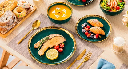 12 Pieces Plates and Bowls Sets, Porcelain Green and Gold Dinnerware Sets Ohberri