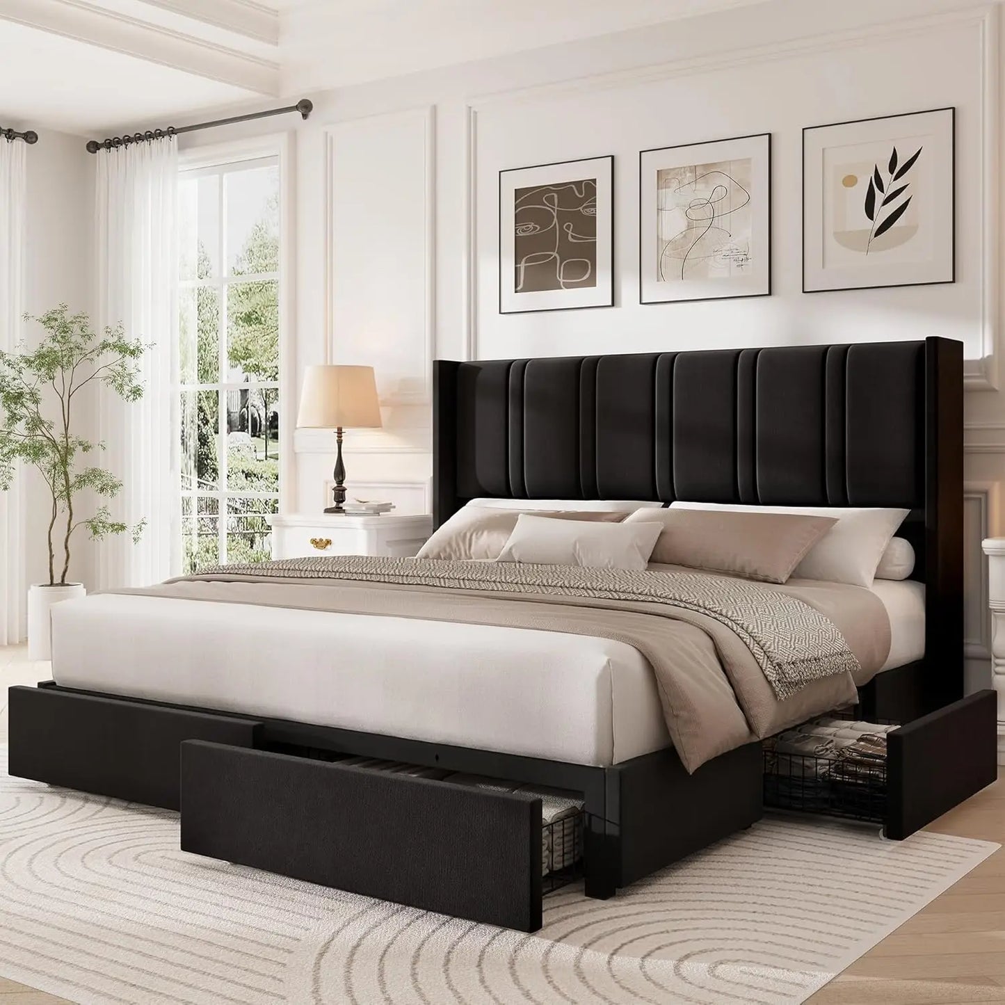 King Size Bed Frame with 4 Storage Drawers and Wingback Headboard Linen Upholstered Platform Bed Frame with Wooden Slats - Ohberri