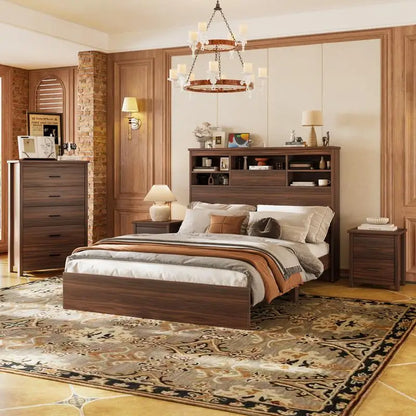 4-Piece Bedroom Set, Queen Size Bed Frame with Storage Headboard & Charging Station, 2 Nightstands with 2 Drawers - Ohberri