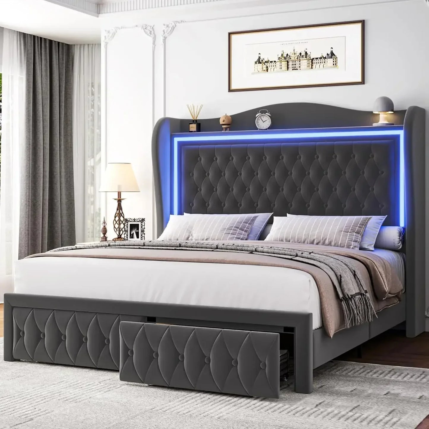 55" Tall Headboard LED, Tufted Velvet Upholstery, 2 Storage Drawers, Wood Slats- Beige - Ohberri