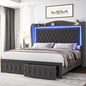 55" Tall Headboard LED, Tufted Velvet Upholstery, 2 Storage Drawers, Wood Slats- Beige - Ohberri