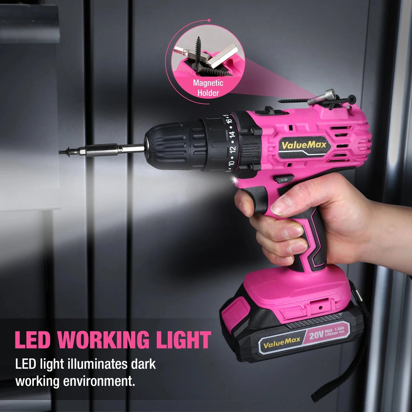 20V 3/8" Pink Cordless Drill Set  18+1 Torque Settings, Power Drill Set with LED Light and Magnetic Holder Ohberri
